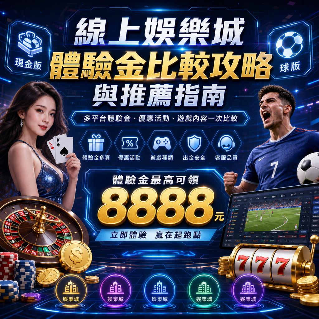 Promotional banner for an online entertainment casino featuring a woman with cards, a cheering soccer player, roulette wheel, slot machine, and chips; highlights 8888元 prize.