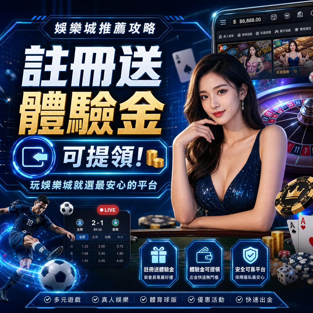 博彩促销海报，中央有穿蓝色亮片连衣裙的女性，周围是赌场元素、轮盘和筹码，配有大字广告提示注册送体验金。