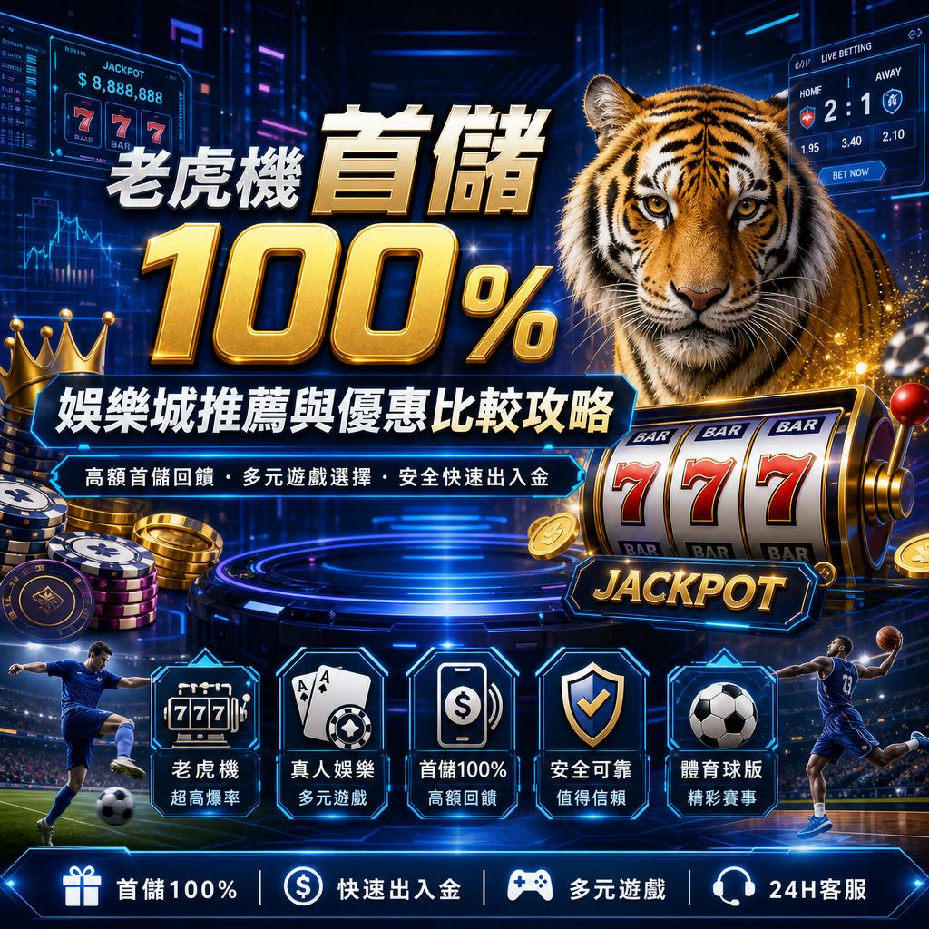 Promotional casino banner with a tiger, large '100%' first deposit bonus text, a slot machine, and feature icons showing games and benefits.