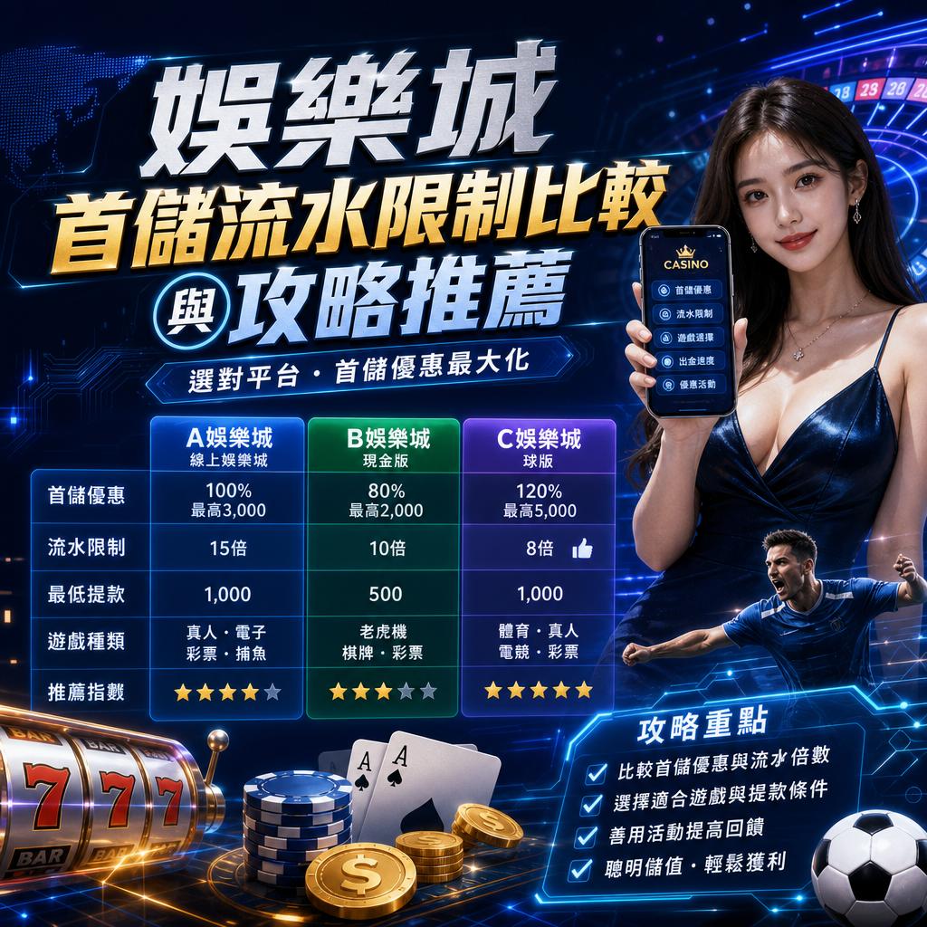 Chinese-language banner ad for an online casino, showing a woman holding a smartphone with the casino app and gold/blue promotional text, plus platform comparison cards, chips, cards and jackpot graphics.